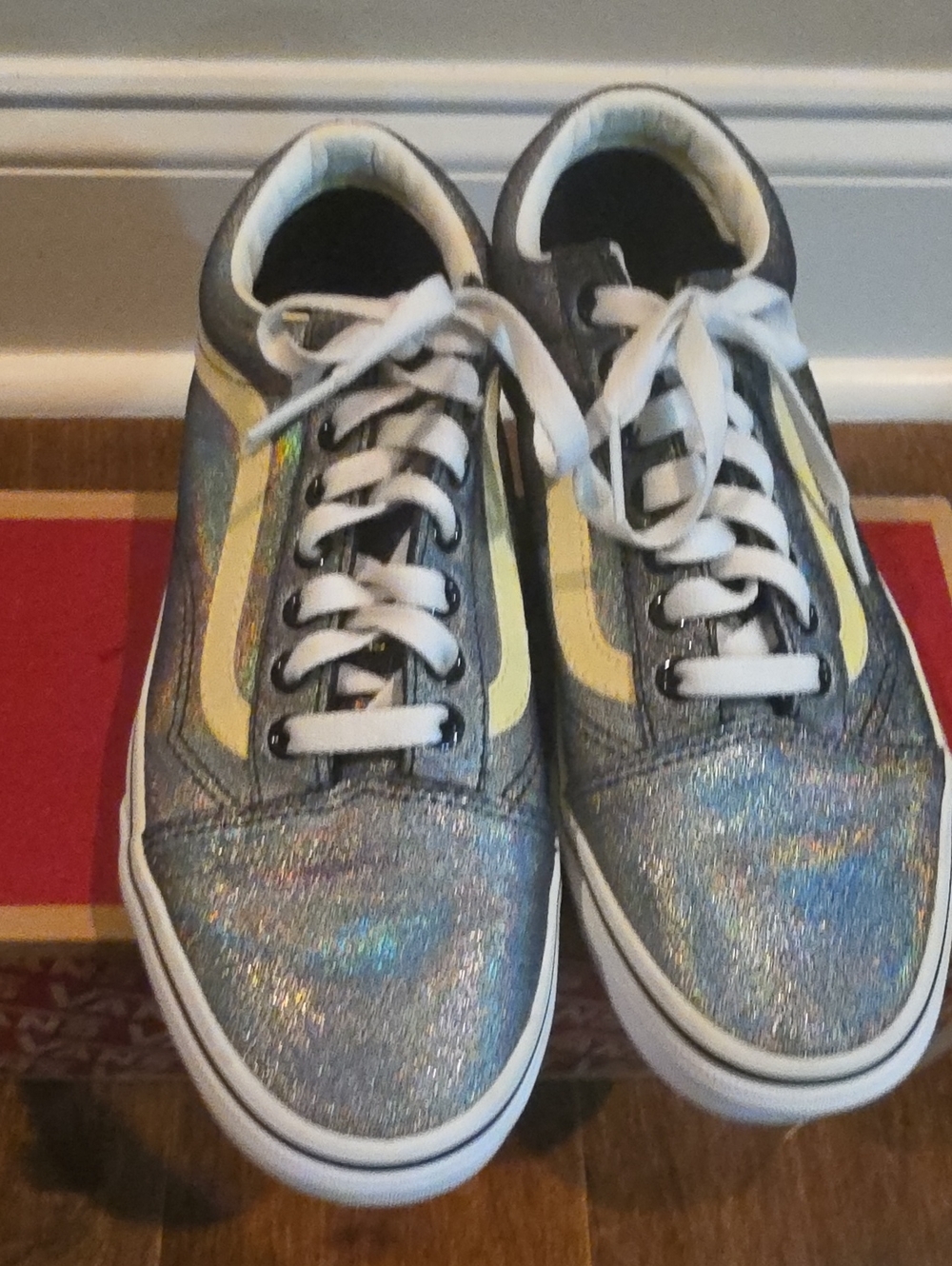 Women's Vans Metallic Glitter Skate Shoes with Yellow Stripe - Vans-style